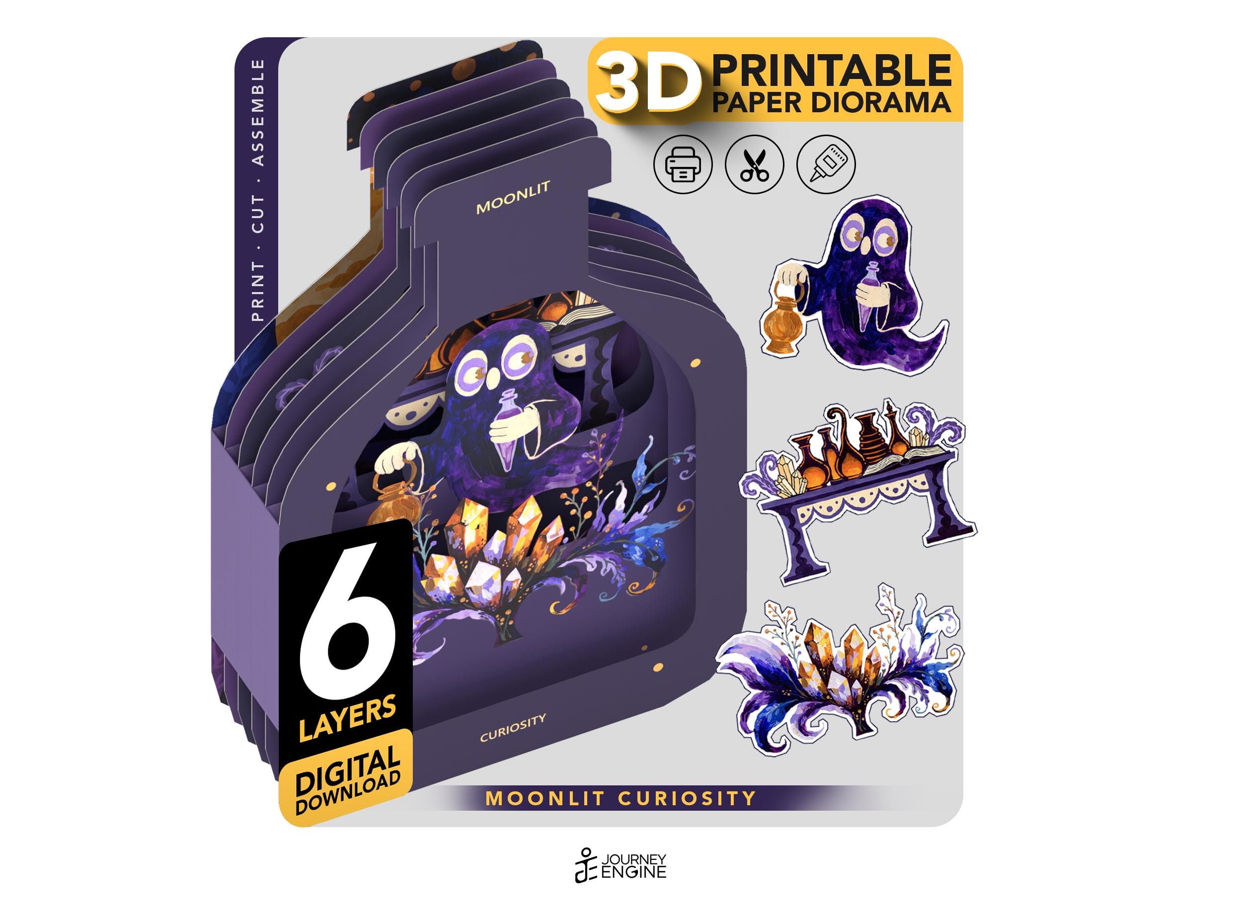 Printable 3D Paper Diorama Template, Moonlit Curiosity Ghost Potion Bottle, 6-Layer Halloween Papercraft