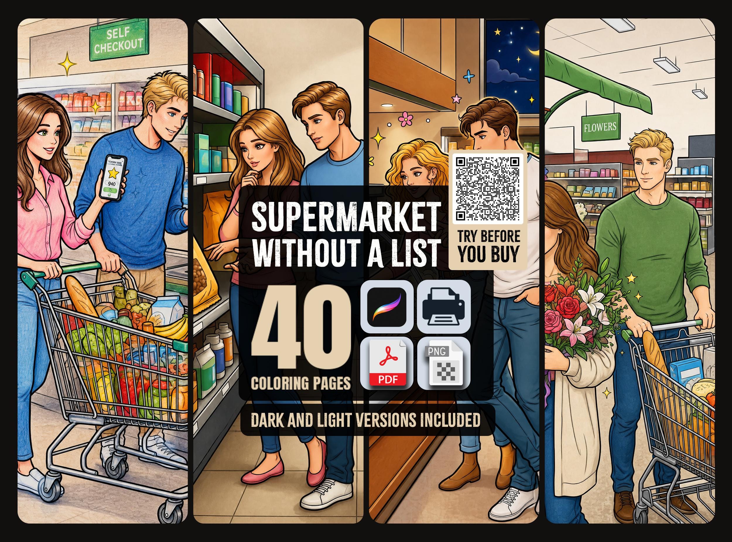 Supermarket Without a List Coloring Book | Funny Couples Dark Humor Adult Coloring Pages | 40 Grocery Scenes | Funny Couples Gift