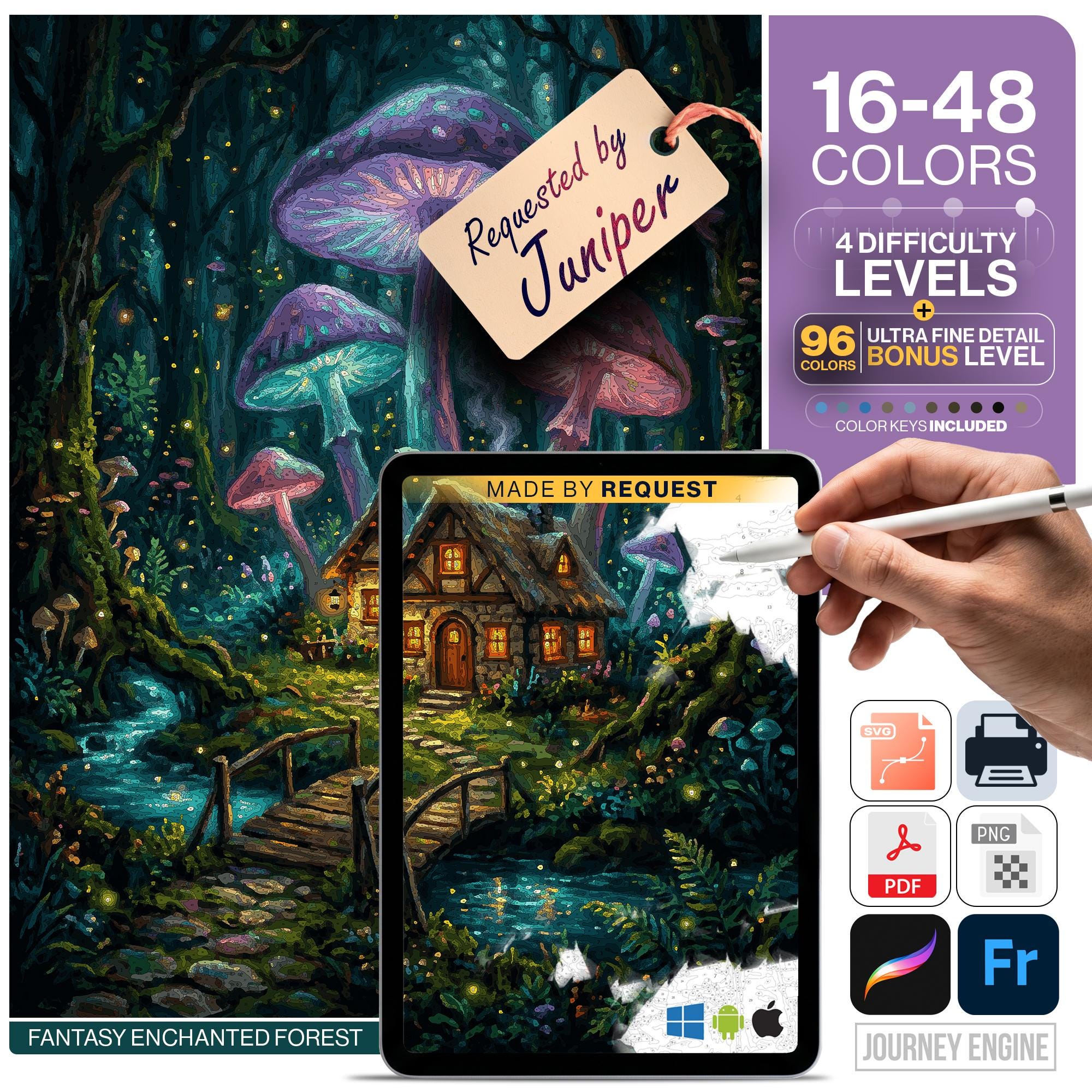 Mushroom Hollow Paint by Numbers Digital | 5 Levels 16-96 Colors | Svg Pdf Png Procreate | Fantasy Enchanted Forest Cottage Printable pbn