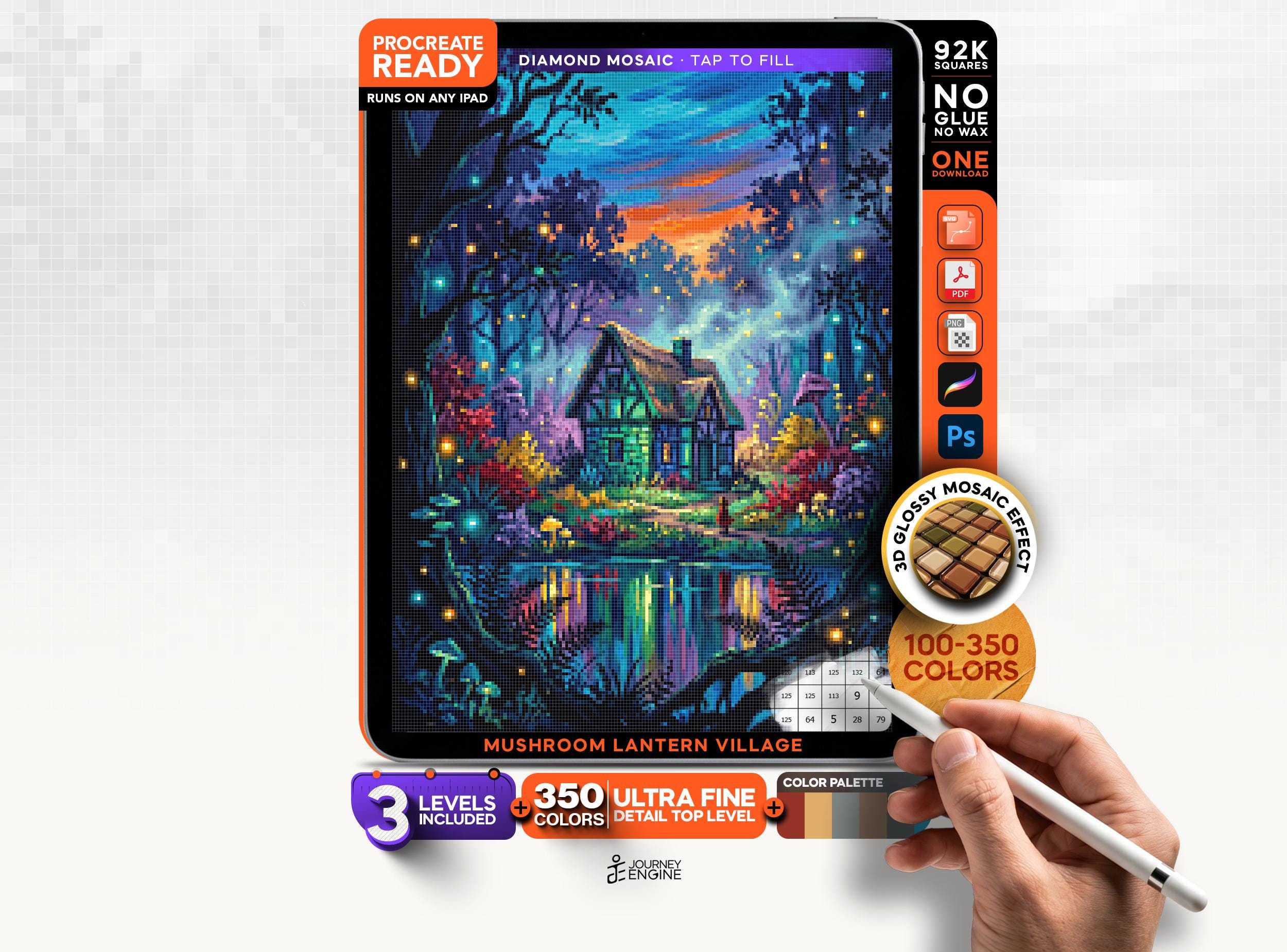 Digital Paint by Numbers Procreate, Mushroom Village Diamond Mosaic, 3 Levels 100-350 Colors, Layered PSD for iPad, Instant Download