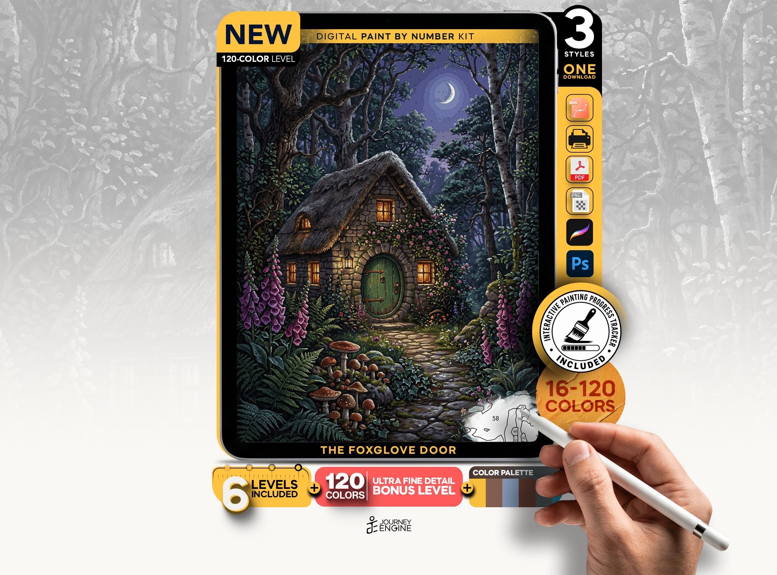 Fairy Cottage Paint by Numbers Digital, 6 Levels 16 to 120 Colors, Cottagecore Moonlit Garden Art, Procreate Printable, Instant Download