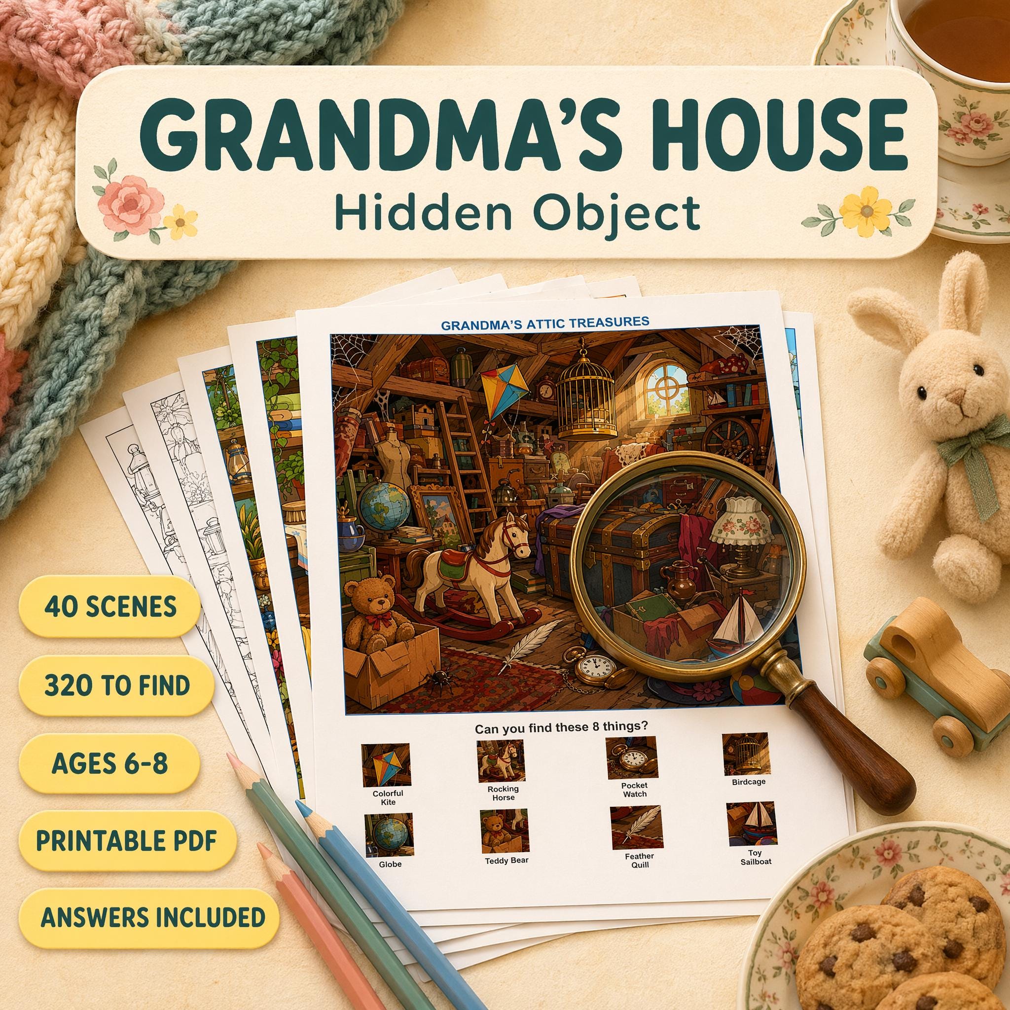 Grandma's House Hidden Object Book | Cozy Cottage Scenes, Seek and Find Activity (Printable PDF)