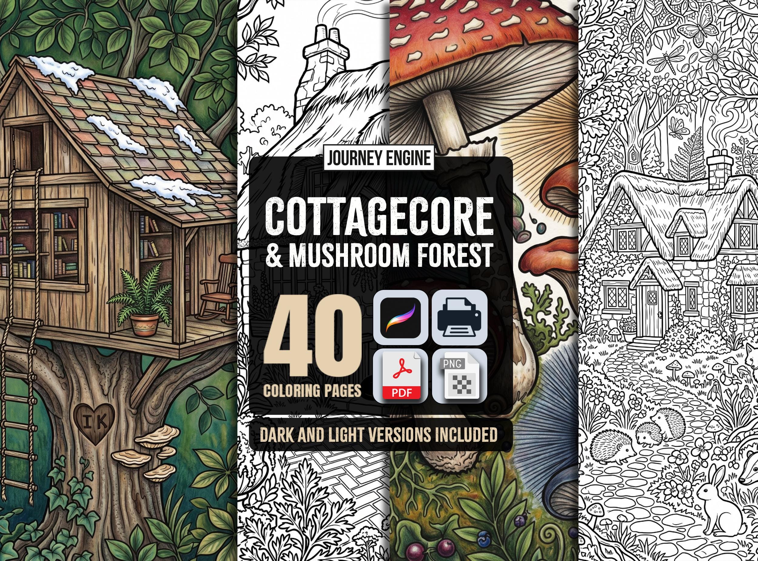 Cottagecore Coloring Book for Adults | Mushroom Forest and  Woodland Scenes | 40 Pages | Digital Coloring & Printable PDF | Instant Download