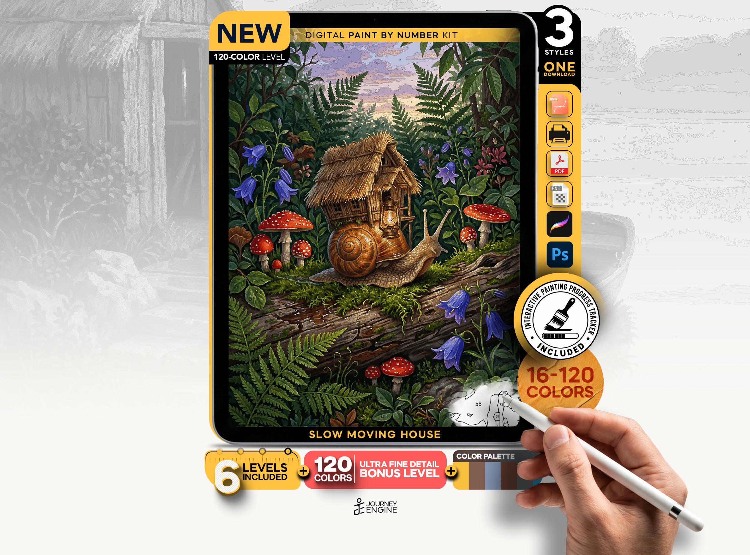 Snail Cottage Paint by Numbers Digital, 6 Levels 16 to 120 Colors, Whimsical Fairy Mushroom Art, Procreate Printable, Instant Download