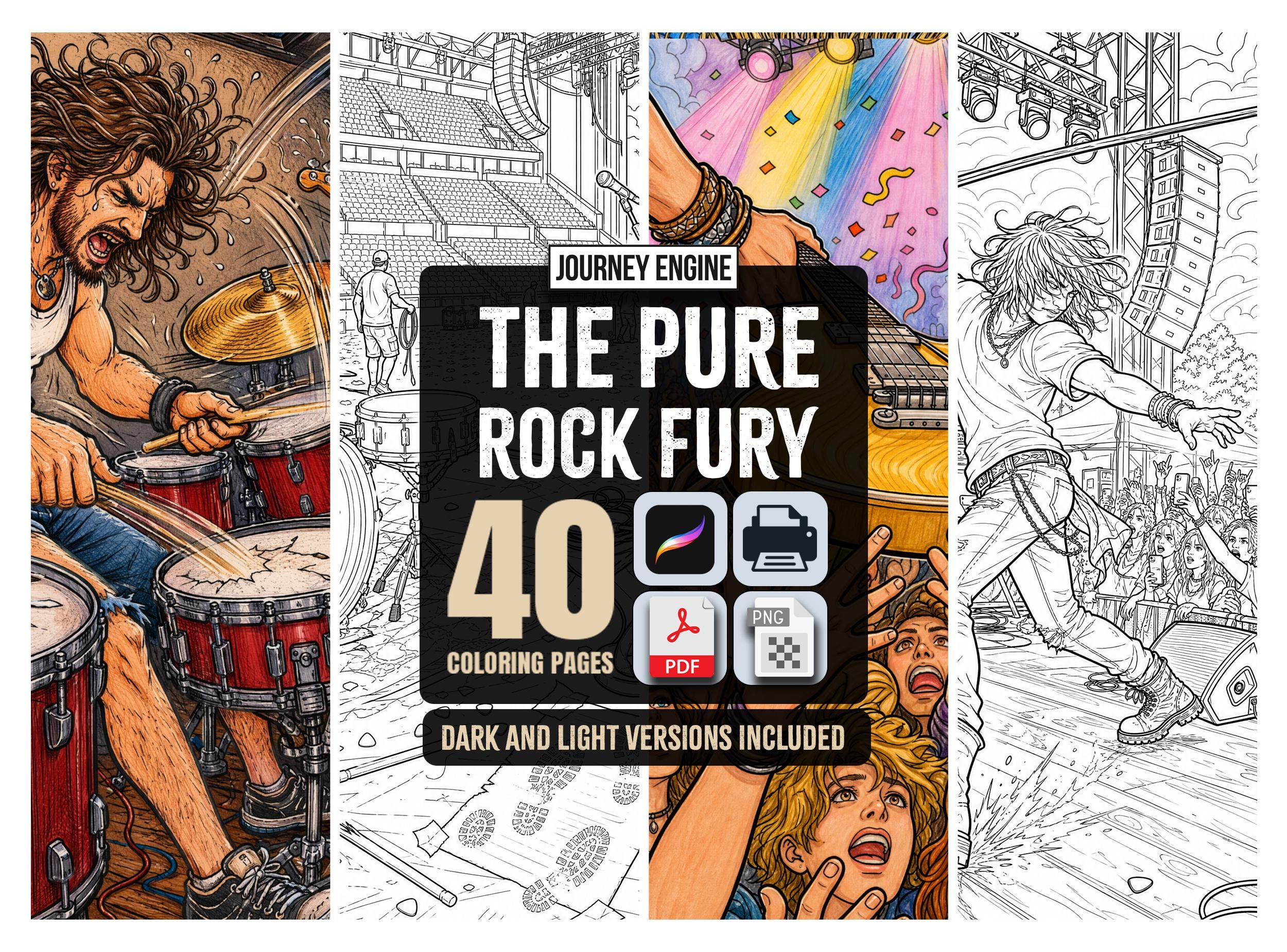 Pure Rock Fury Coloring Book | Detailed Comic Art Adult Coloring Pages | 50 Rock Metal Scenes | Gift for Him | Printable Instant Download