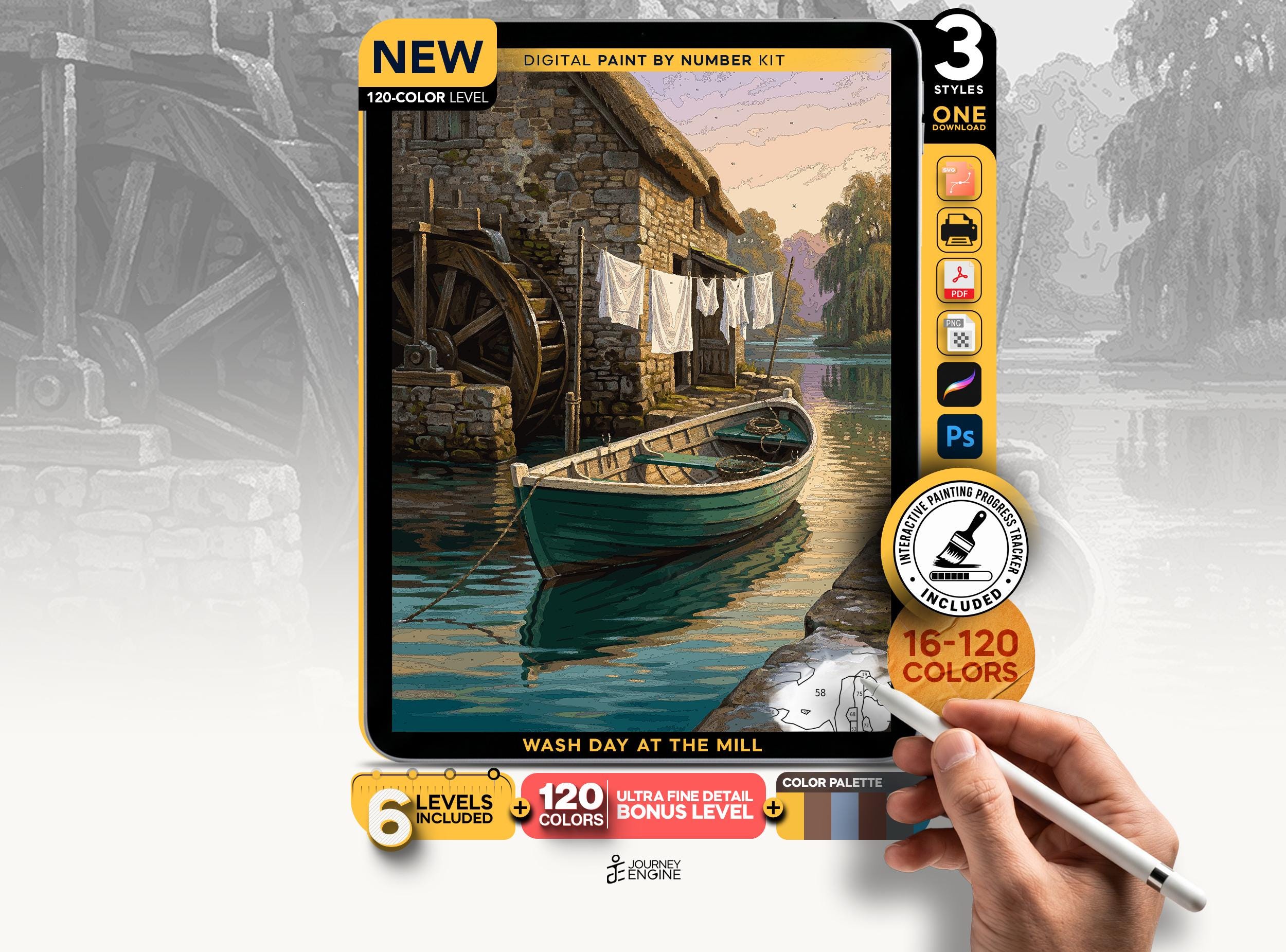 Old Watermill Paint by Numbers Digital, 6 Levels 16 to 120 Colors, Cottagecore Countryside Art, Procreate Printable, Instant Download