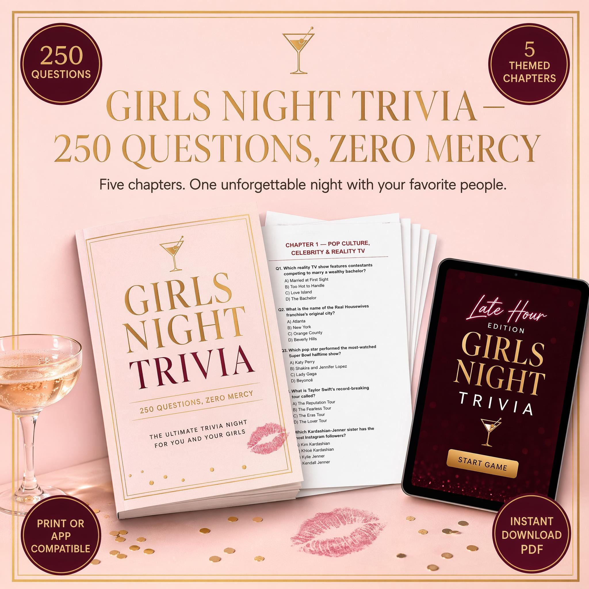 Girls Night Trivia Book| 250 Questions| Pop Culture Fashion Drinks Dating & Women Icons| Party Game| Instant Download PDF
