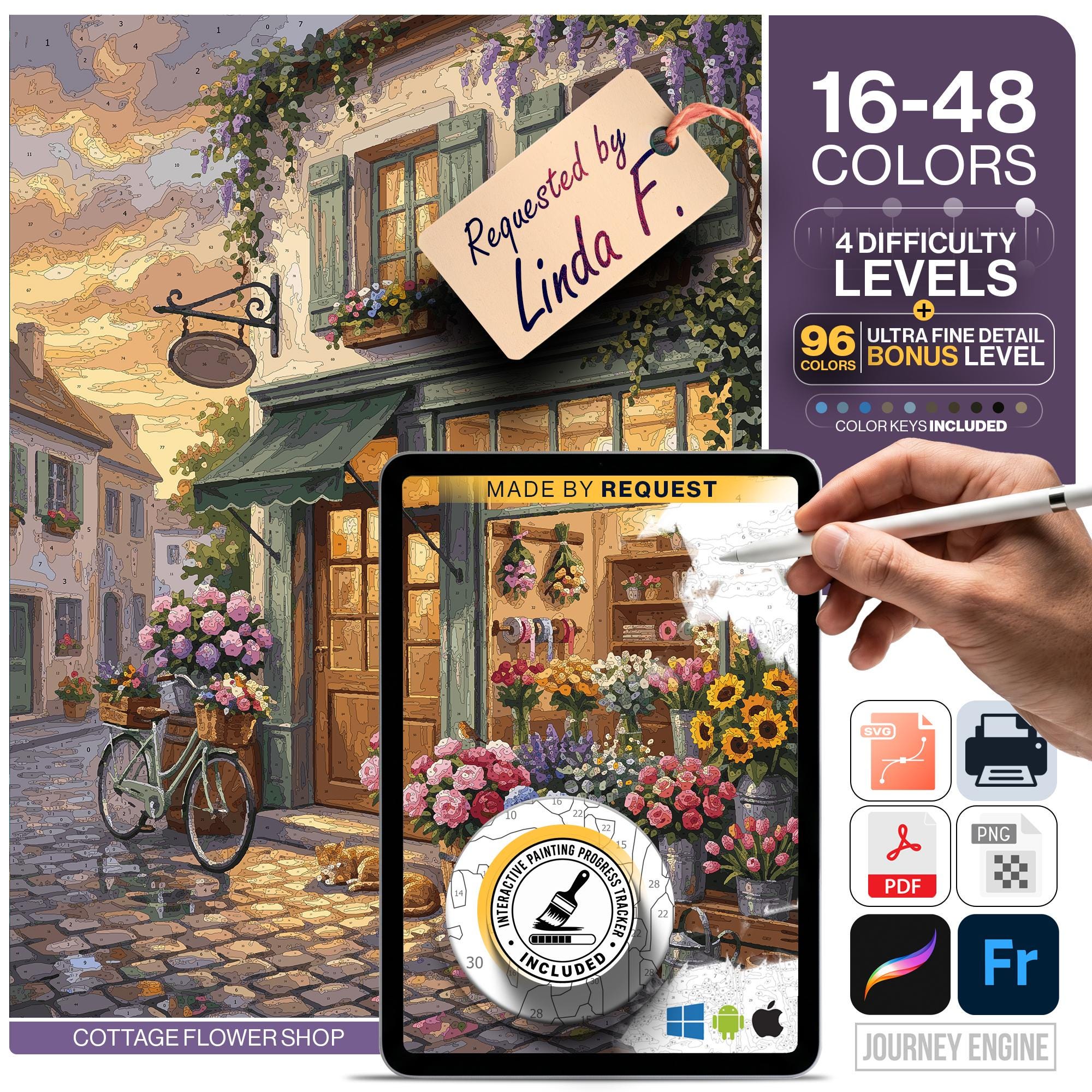 Flower Shop Paint by Numbers | Cottagecore Village Street PBN | 5 Levels 16-96 Colors | Cat & Bicycle Art | Printable Download