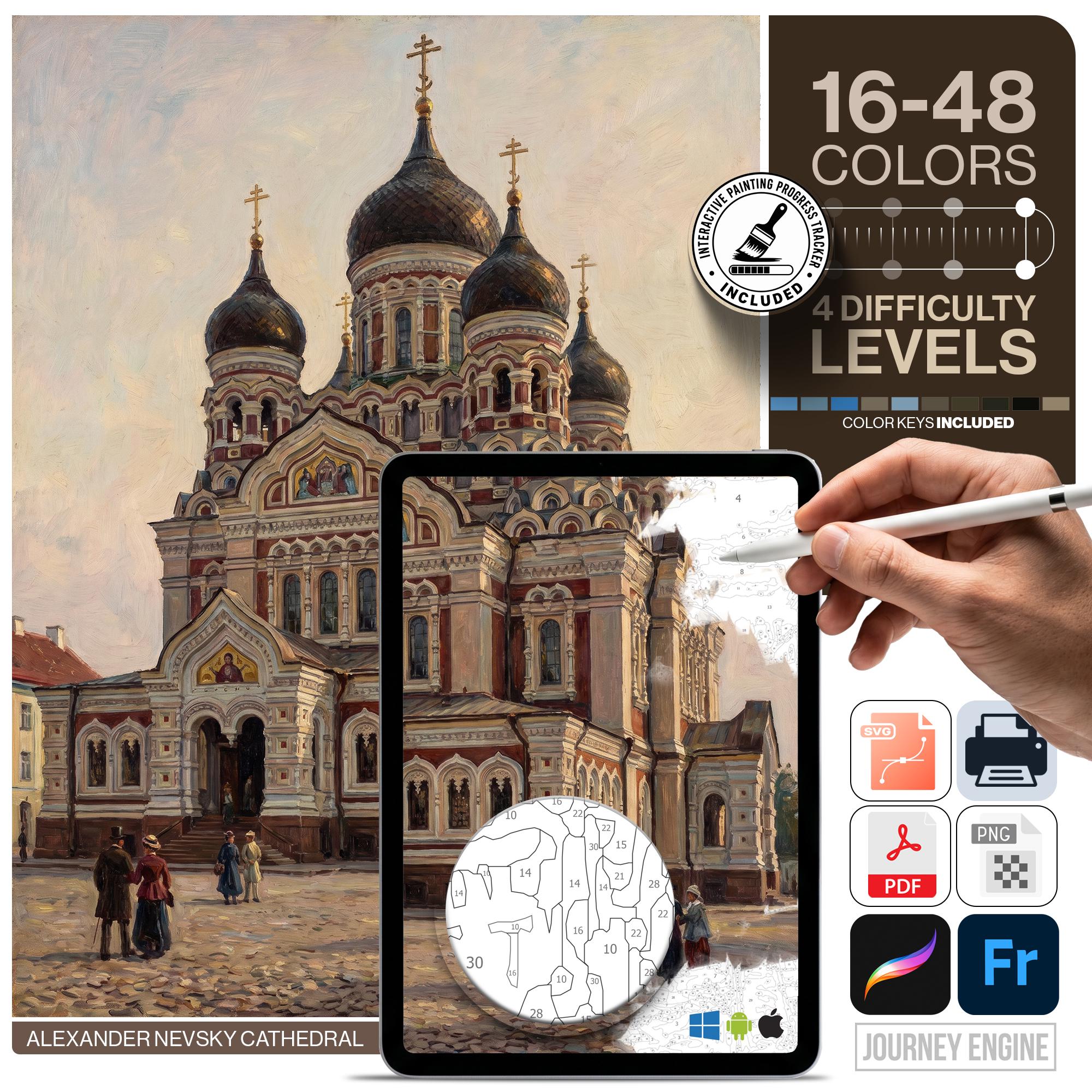 Tallinn Paint by Numbers Digital | 4 Levels 16-48 Colors | Svg Pdf Png | Estonia Alexander Nevsky Cathedral Old Town Travel Wall Art Decor