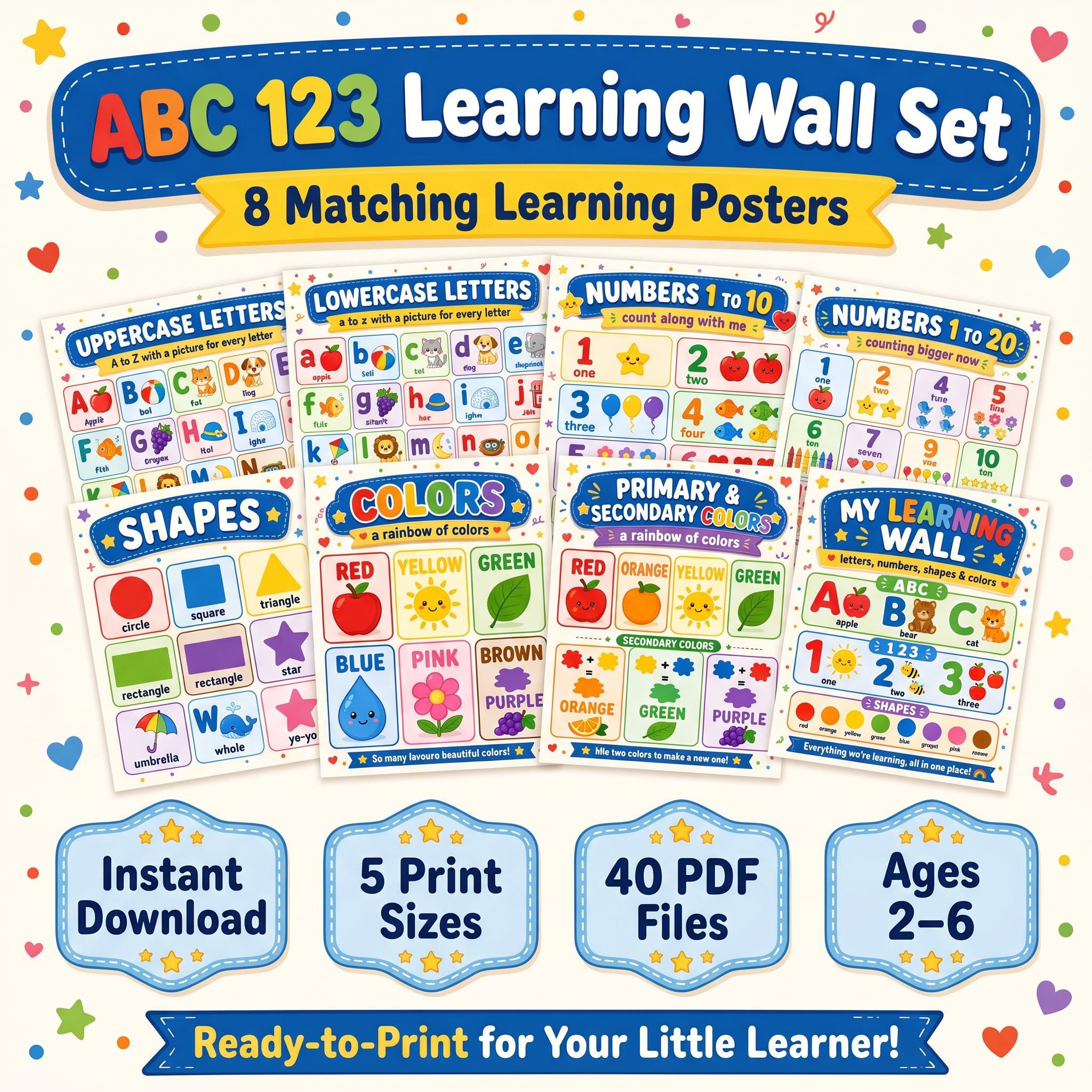 Alphabet Numbers Shapes Colors Poster Set | Preschool Kindergarten Learning Wall | ABC Homeschool Nursery Decor | Printable Download