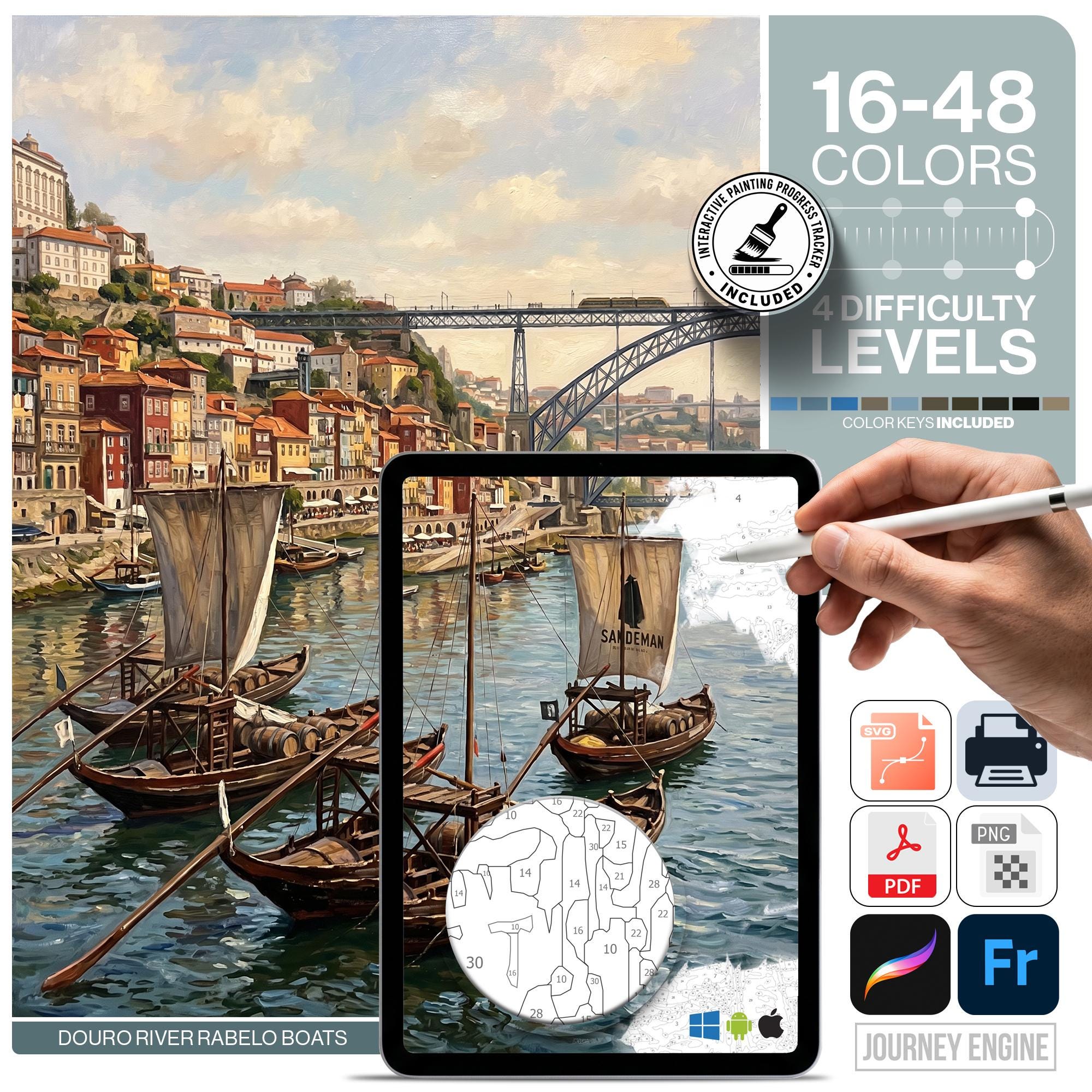 Porto Paint by Numbers Digital | 4 Levels 16-48 Colors | Svg Pdf Png | Portugal Douro River Rabelo Boats Ribeira Travel Coloring