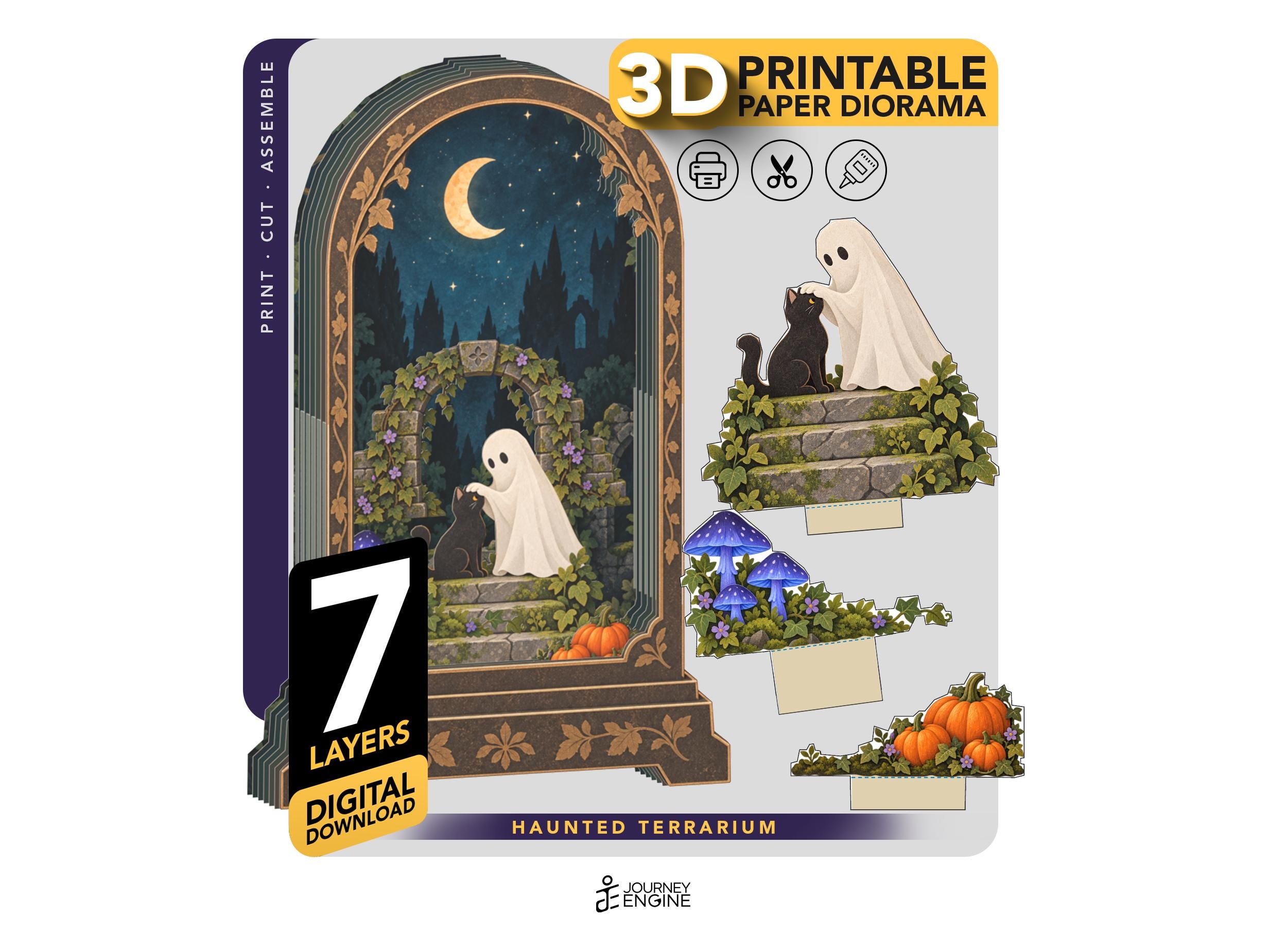 Printable 3D Paper Diorama Template, Haunted Terrarium Ghost and Cat, 7-Layer Halloween Papercraft