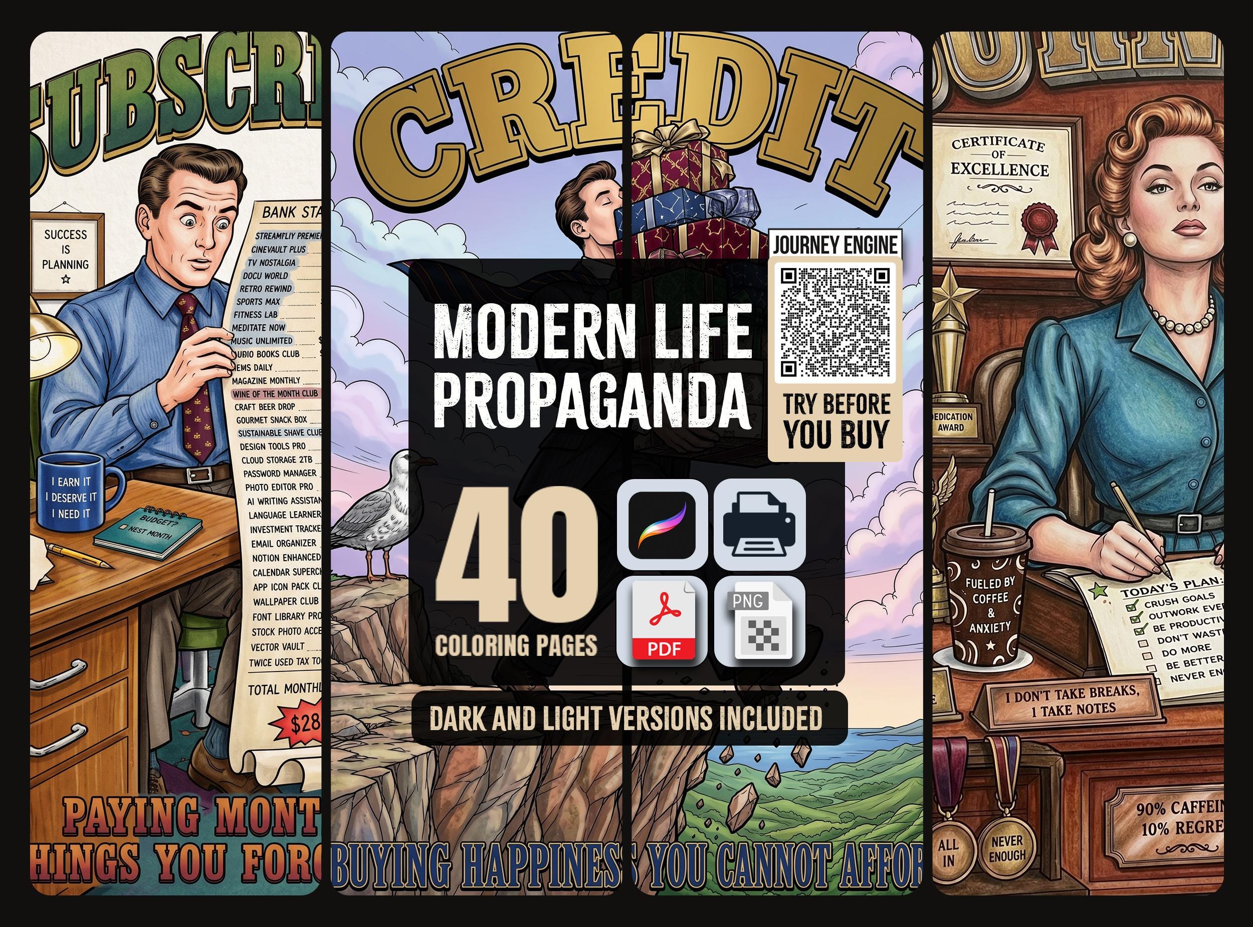 Modern Life Propaganda Coloring Book | Funny Dark Humor Adult Coloring Pages | 40 Sarcastic Vintage Scenes | Funny Gift | Printable Download