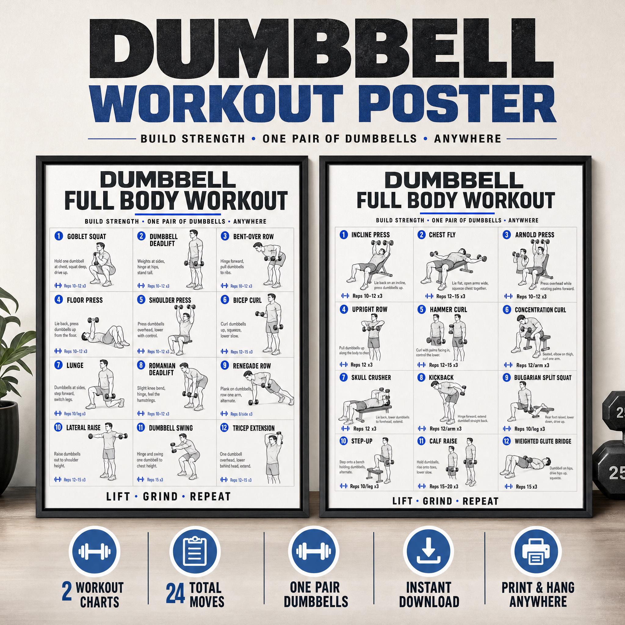 Dumbbell Workout Poster | Full Body & Upper Lower Split Chart | 24x36 Mens Home Gym Wall Art | Muscle Group | Instant Download