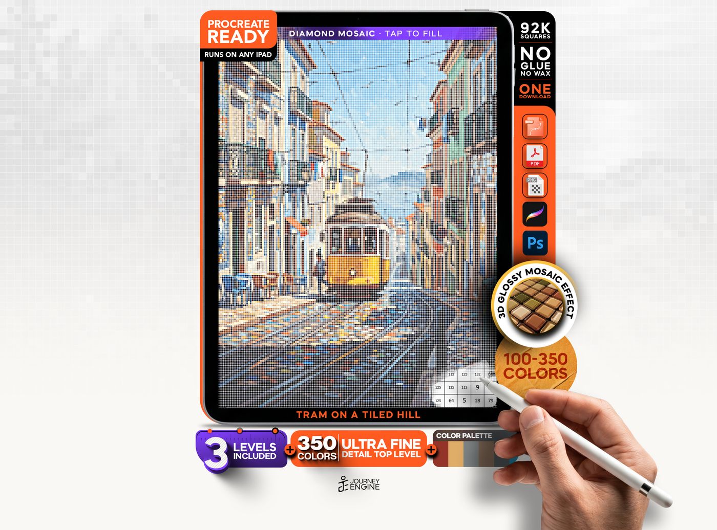Digital Diamond Painting, Mystery Mosaic iPad, Tram on a Tiled Hill, Hillside Tram Travel Mosaic, 3 Levels, 91K Squares, Instant Download